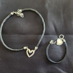 Heart Charm Black and Silver Necklace And Bracelet Set